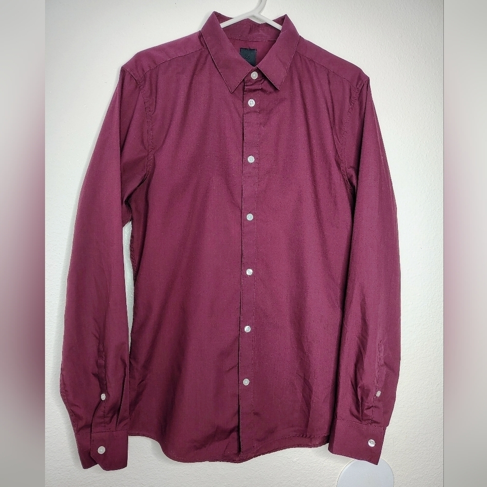 H&M Men's Burgundy Slim Fit Long Sleeve Collared Dress Shirt Sz M Cotton Blend